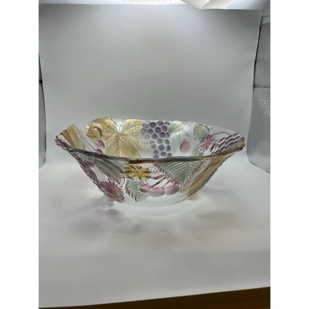 Vintage Mikasa Chablis Colorful Fruit Leaves Oval Blown‎ Glass Dessert Bowl